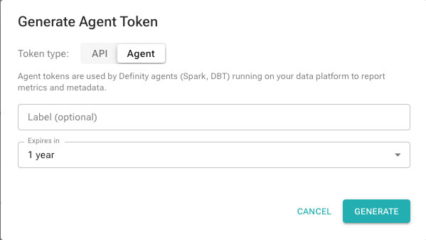 Generate Agent Token dialog